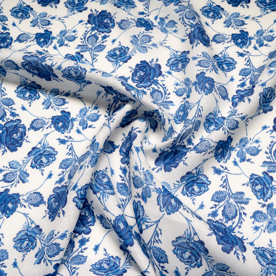 Dark Ink Blue Rose Printed Pure Linen