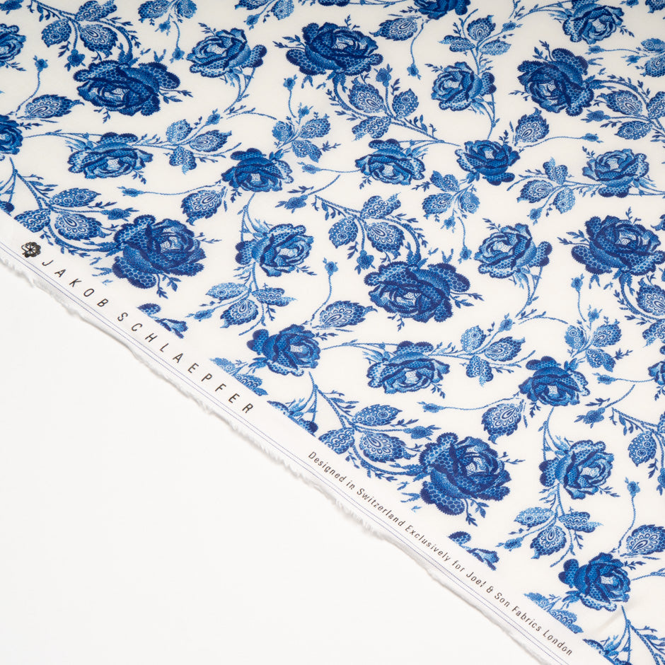 Dark Ink Blue Rose Printed Pure Linen