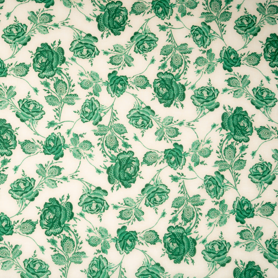 Emerald Green Rose Printed Pure Linen