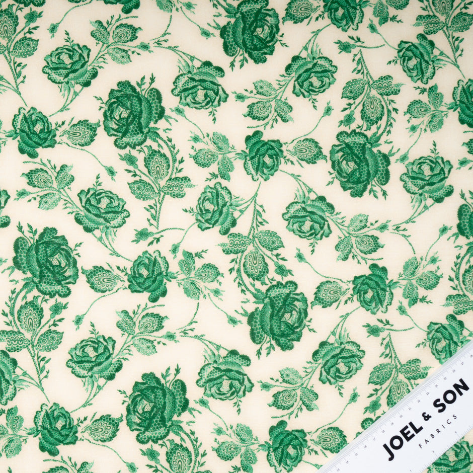 Emerald Green Rose Printed Pure Linen