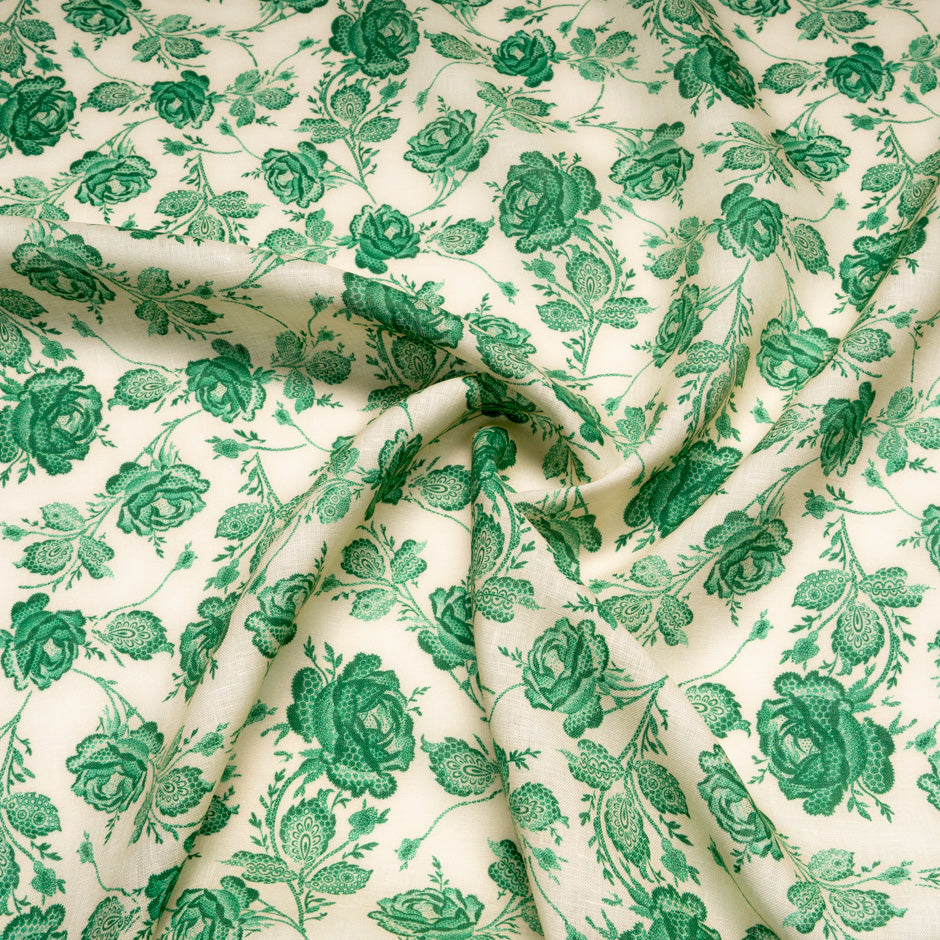 Emerald Green Rose Printed Pure Linen