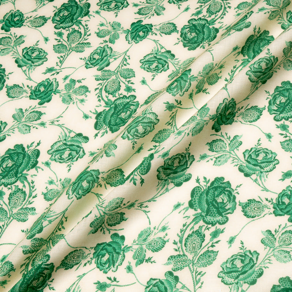 Emerald Green Rose Printed Pure Linen
