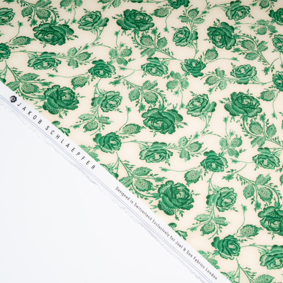 Emerald Green Rose Printed Pure Linen
