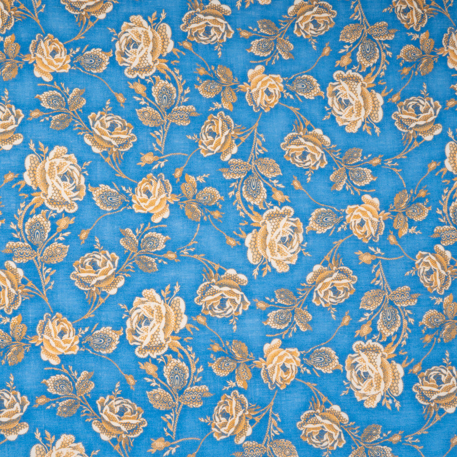Rose Printed Deep Sky Blue Pure Linen