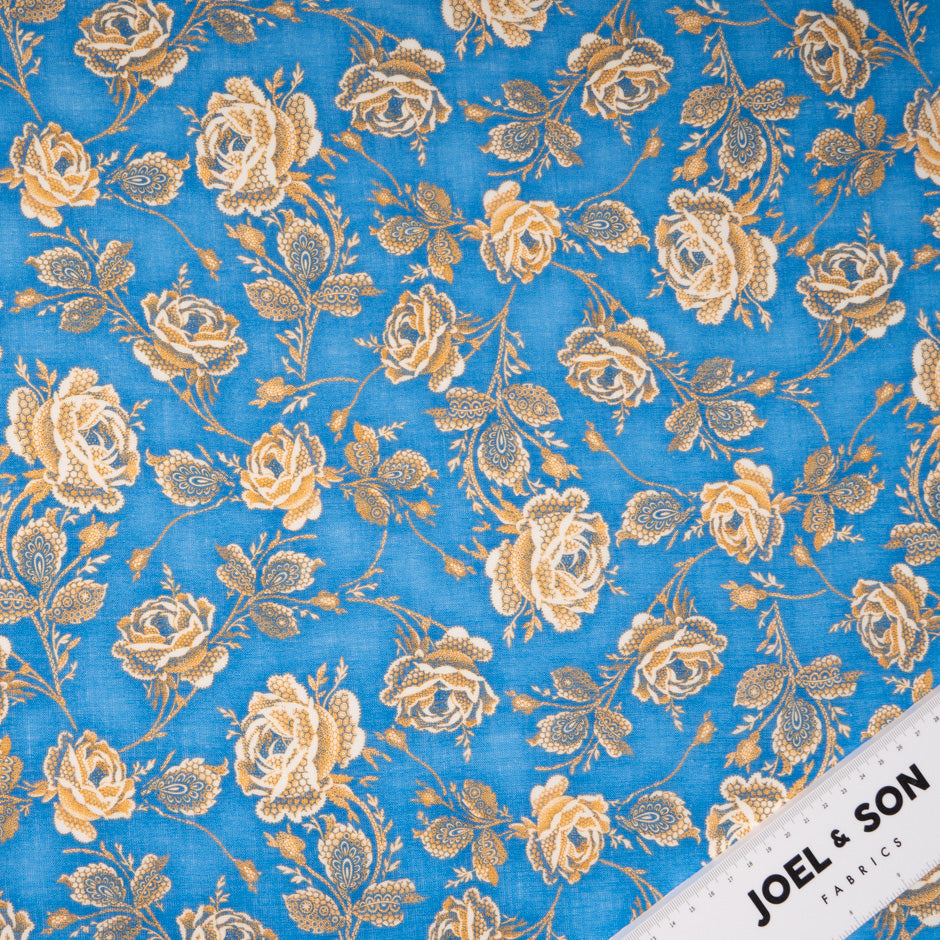 Rose Printed Deep Sky Blue Pure Linen