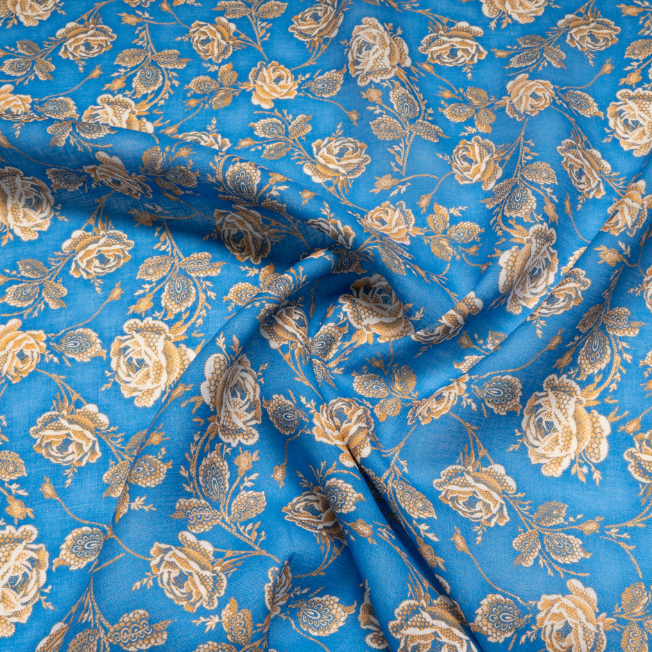 Rose Printed Deep Sky Blue Pure Linen