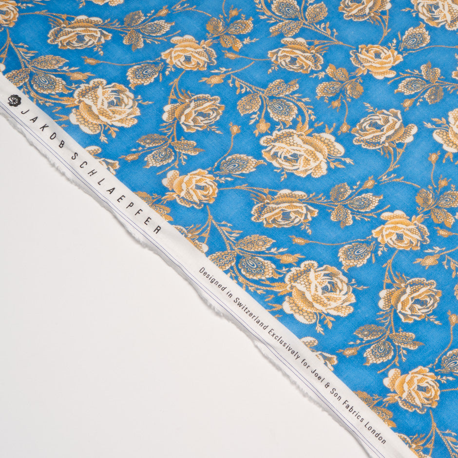 Rose Printed Deep Sky Blue Pure Linen