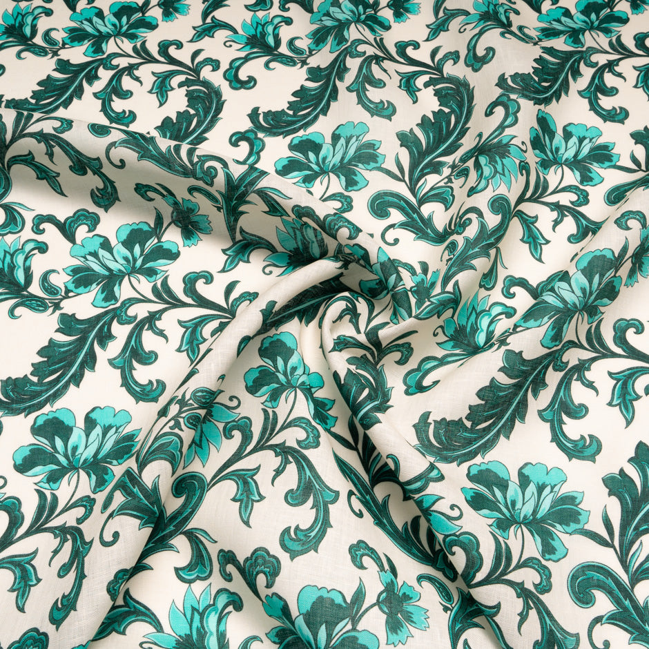 Two-Tone Green Floral Printed Pure Linen