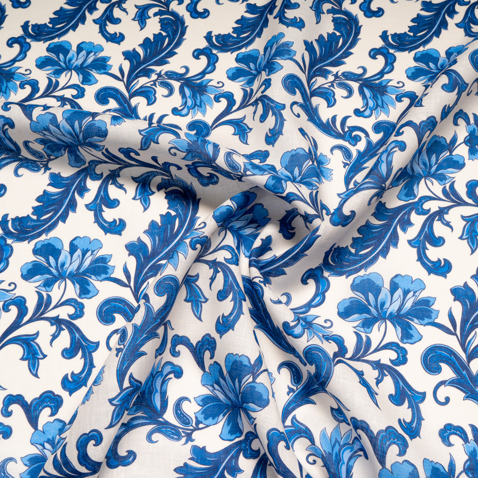 Royal Blue Floral Printed Pure Linen