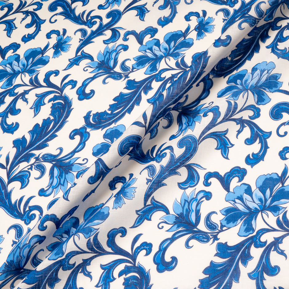 Royal Blue Floral Printed Pure Linen