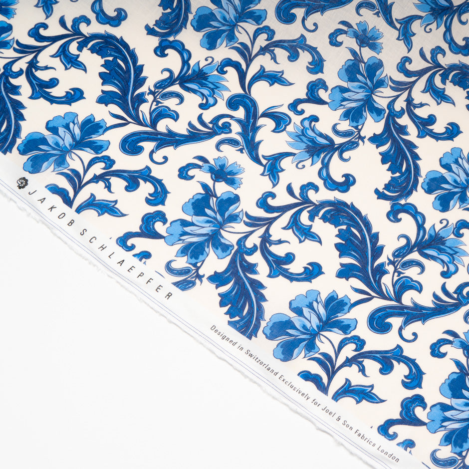 Royal Blue Floral Printed Pure Linen