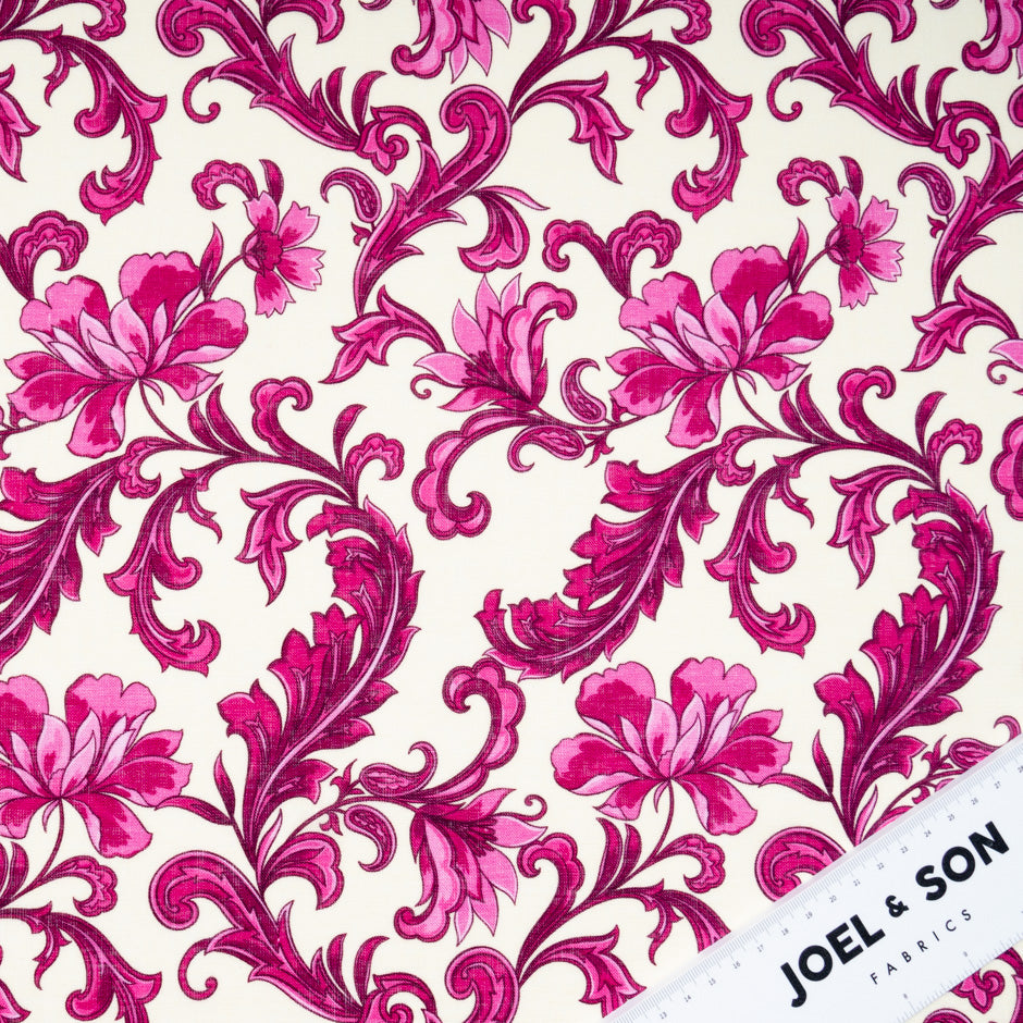Magenta Pink Floral Printed Pure Linen