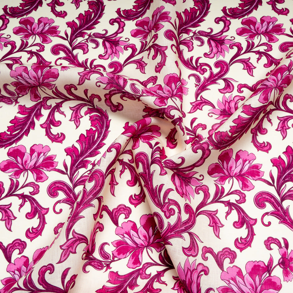 Magenta Pink Floral Printed Pure Linen
