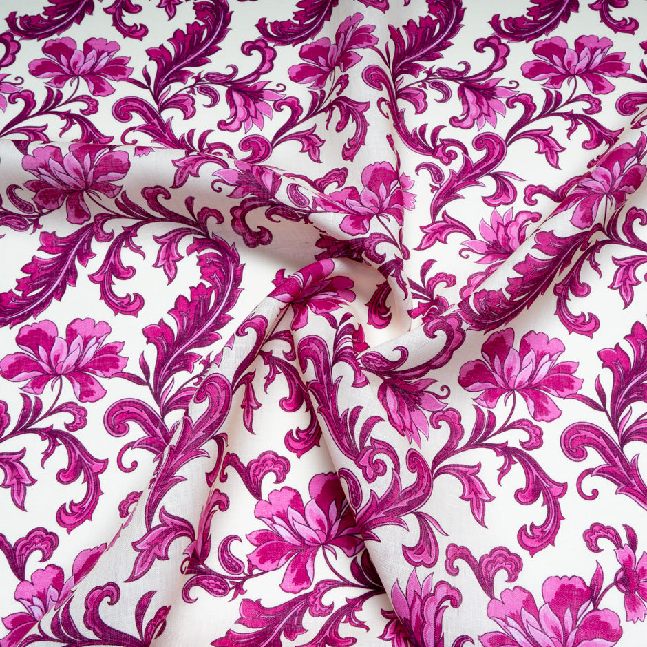 Magenta Pink Floral Printed Pure Linen
