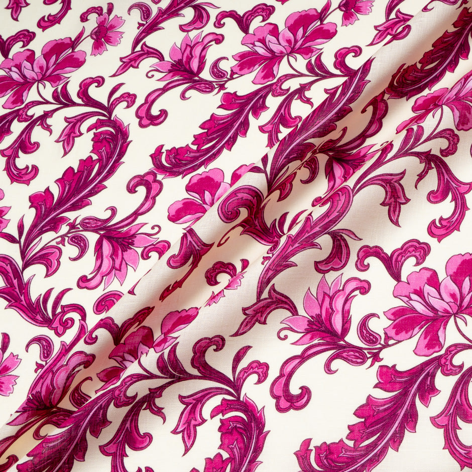 Magenta Pink Floral Printed Pure Linen