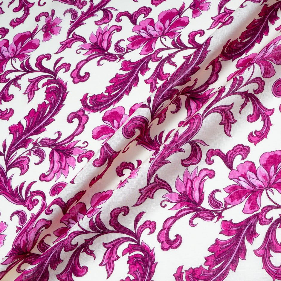 Magenta Pink Floral Printed Pure Linen