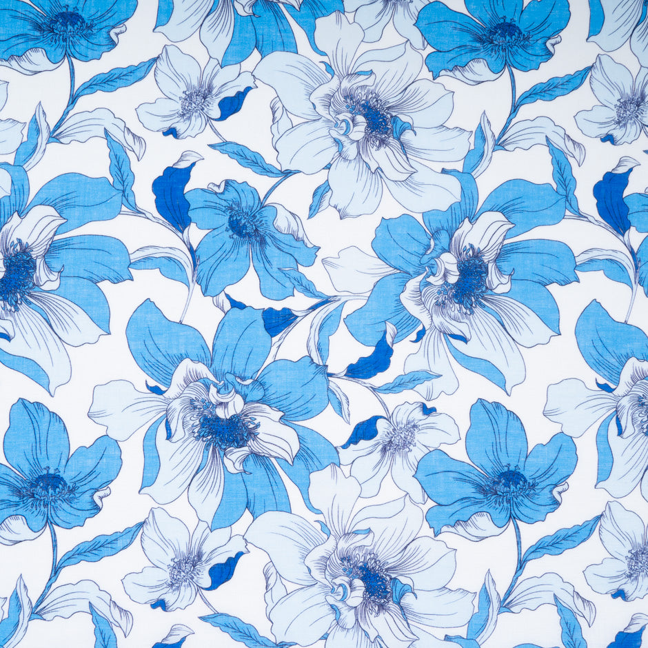 Rich Sky Blue Floral Printed Pure Linen