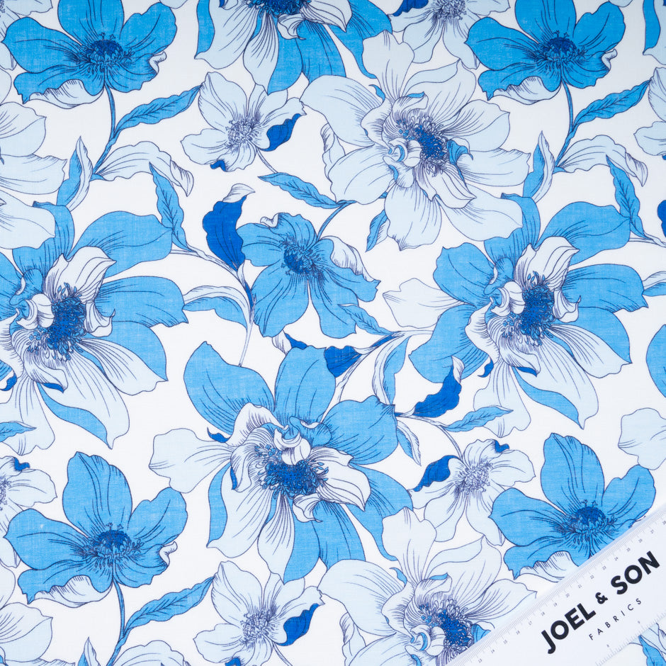 Rich Sky Blue Floral Printed Pure Linen