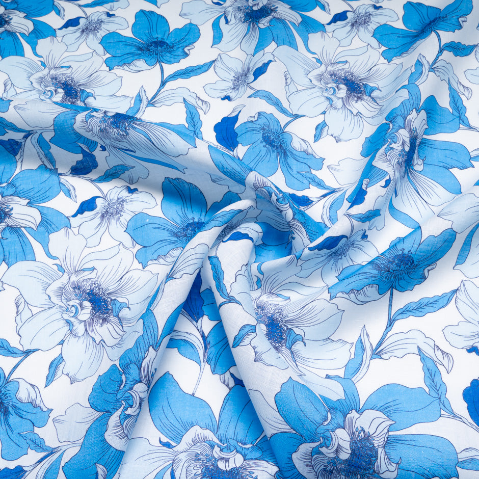 Rich Sky Blue Floral Printed Pure Linen