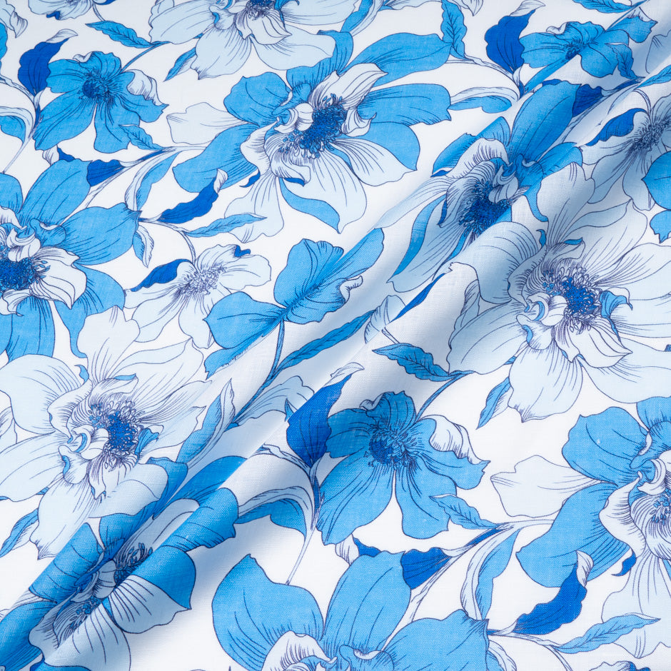 Rich Sky Blue Floral Printed Pure Linen
