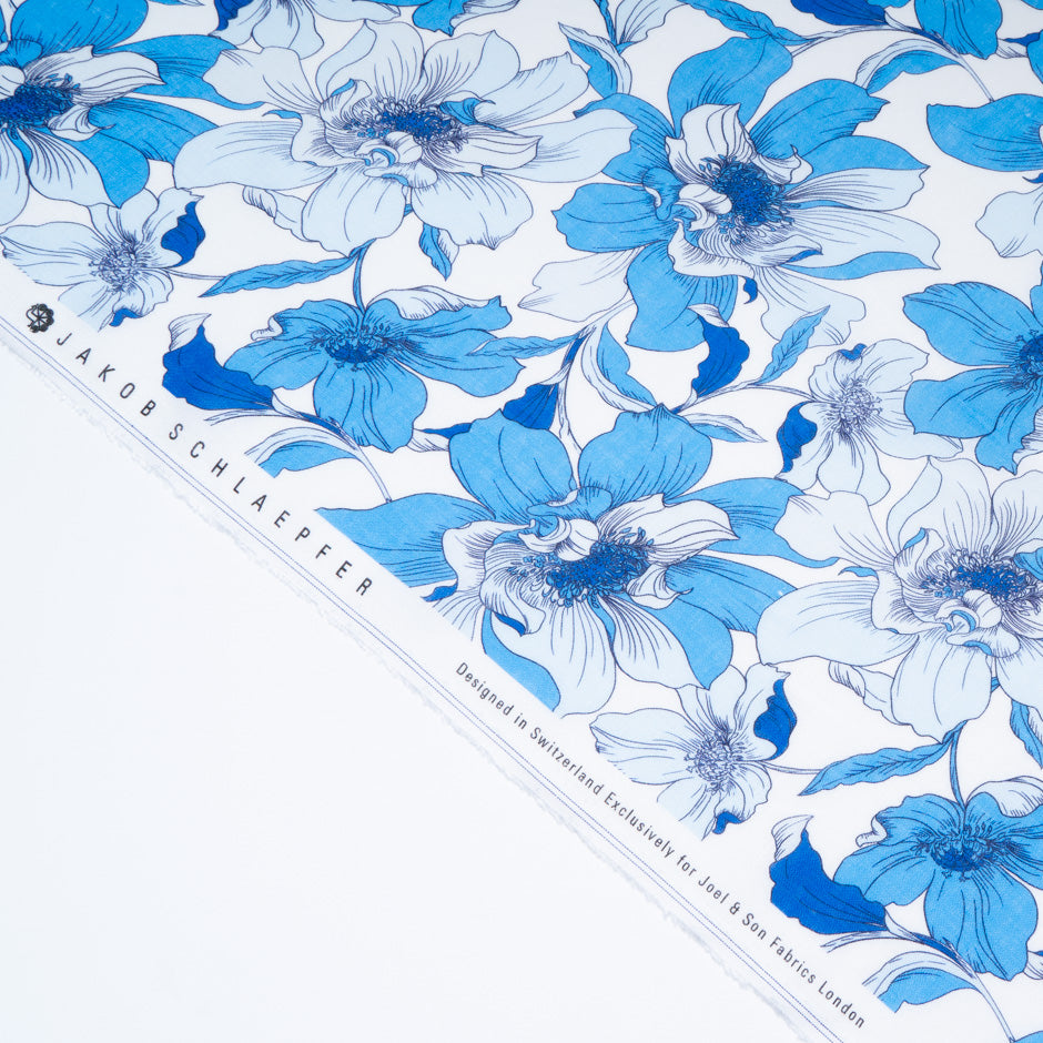 Rich Sky Blue Floral Printed Pure Linen