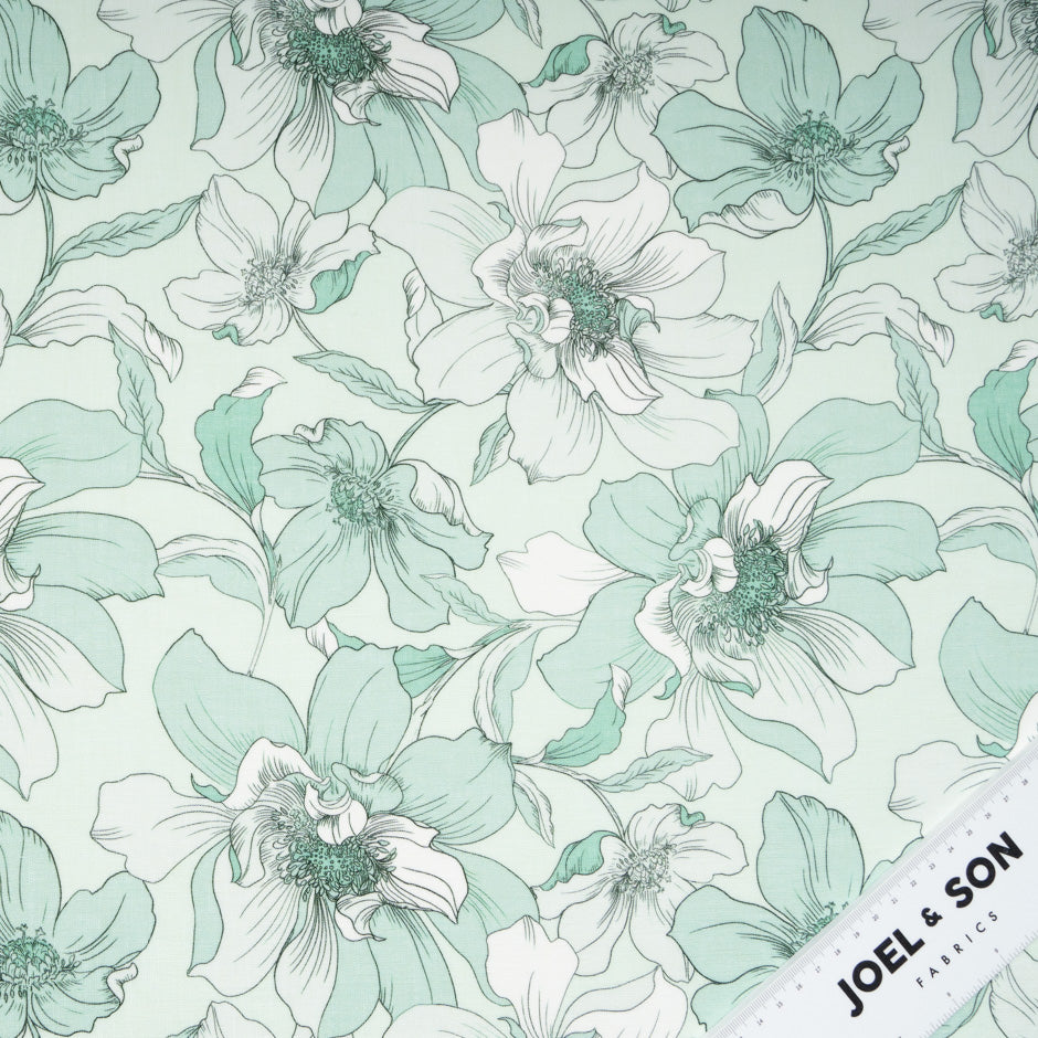 Muted Green Floral Printed Pure Linen