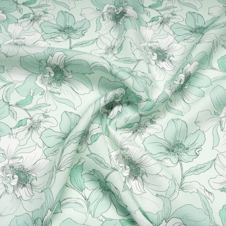 Muted Green Floral Printed Pure Linen