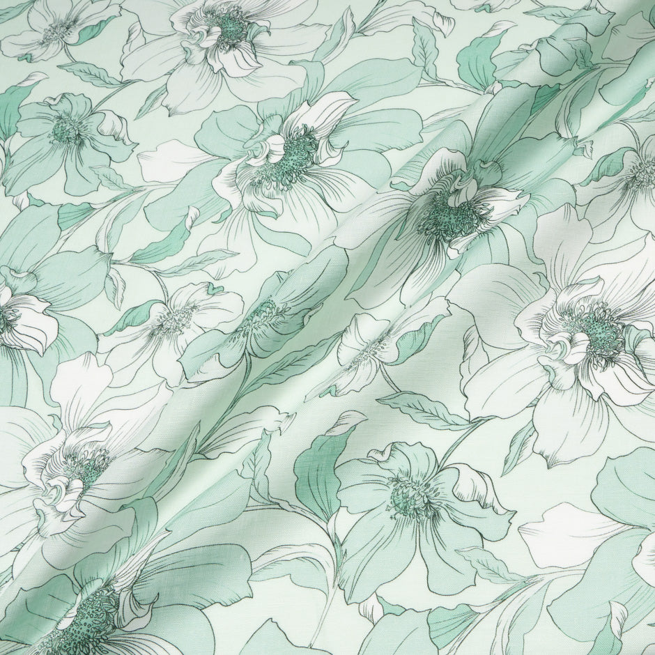Muted Green Floral Printed Pure Linen