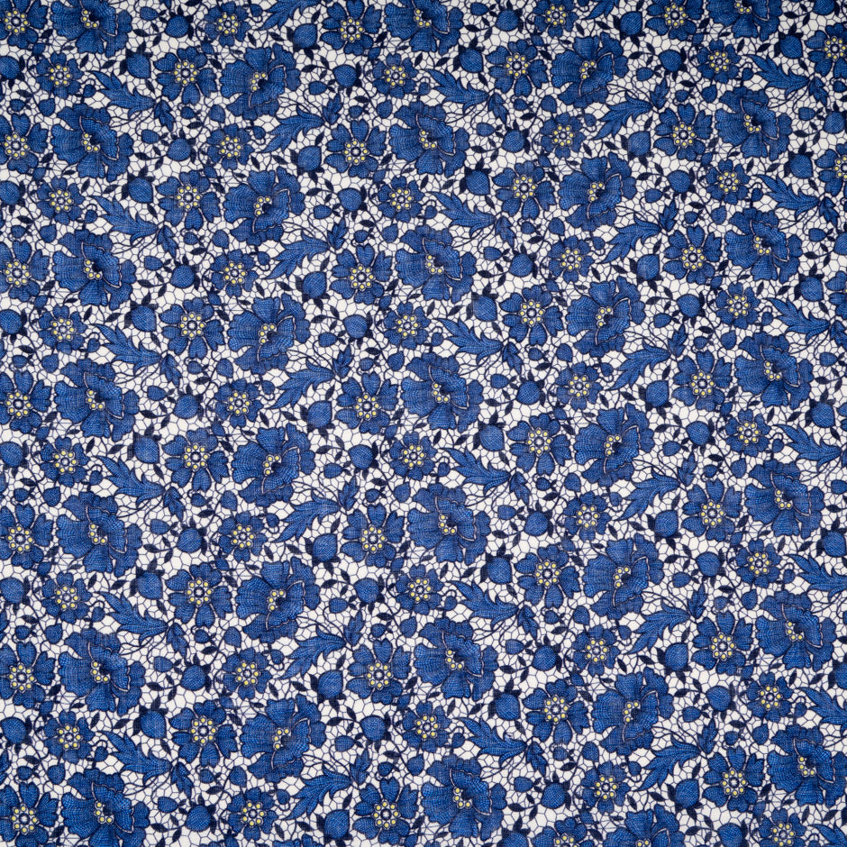 Royal Blue Floral & Lace Printed Pure Linen