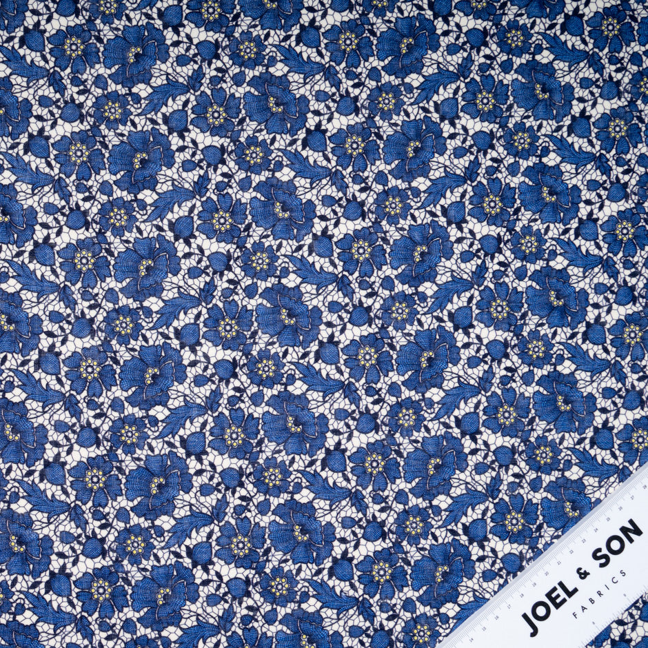 Royal Blue Floral & Lace Printed Pure Linen