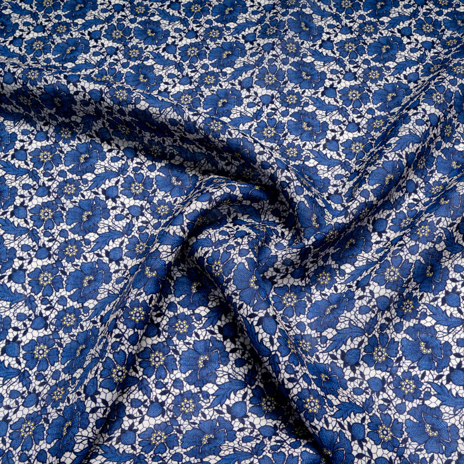 Royal Blue Floral & Lace Printed Pure Linen