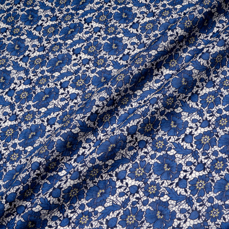 Royal Blue Floral & Lace Printed Pure Linen