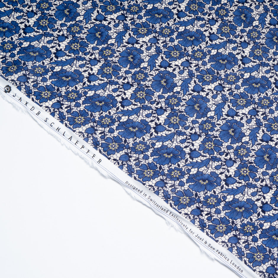 Royal Blue Floral & Lace Printed Pure Linen