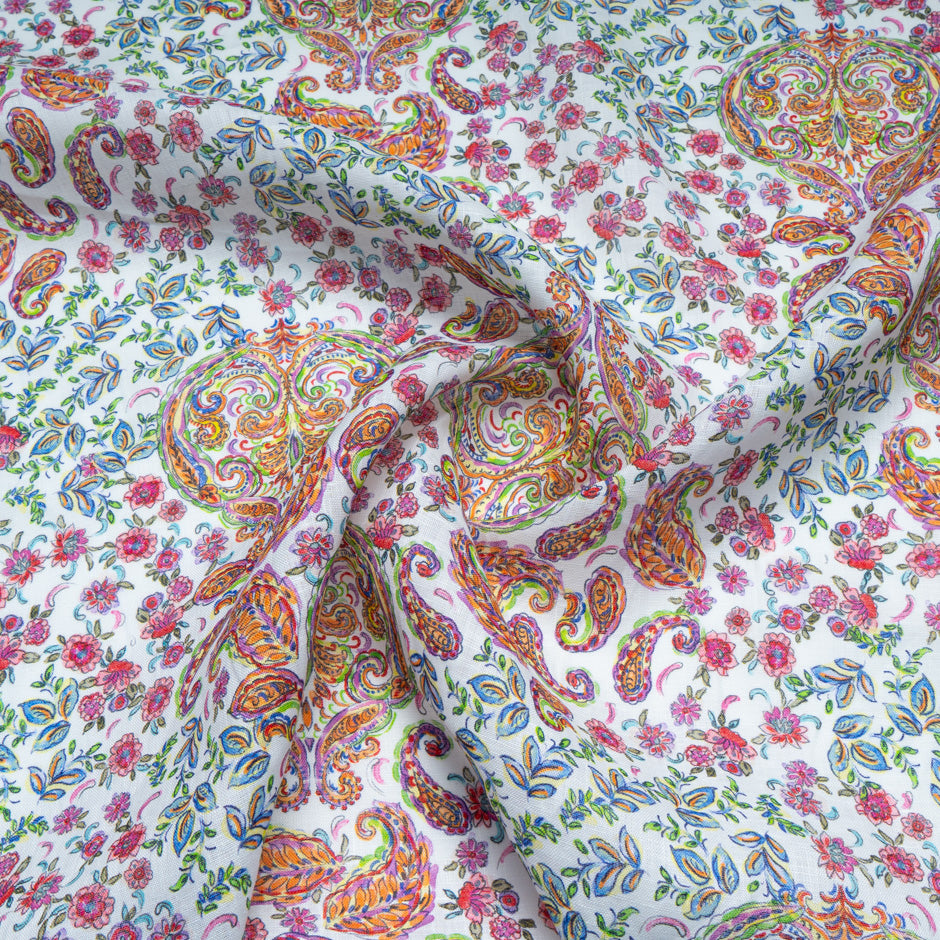 Multi-Coloured Floral & Paisley Printed Pure Linen