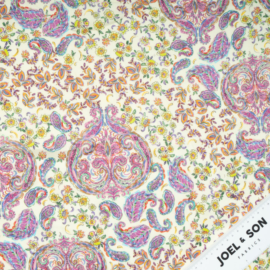 Yellow & Pink Floral & Paisley Printed Pure Linen