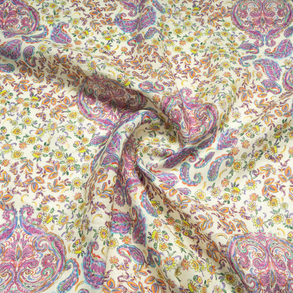 Yellow & Pink Floral & Paisley Printed Pure Linen