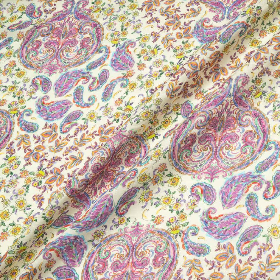 Yellow & Pink Floral & Paisley Printed Pure Linen