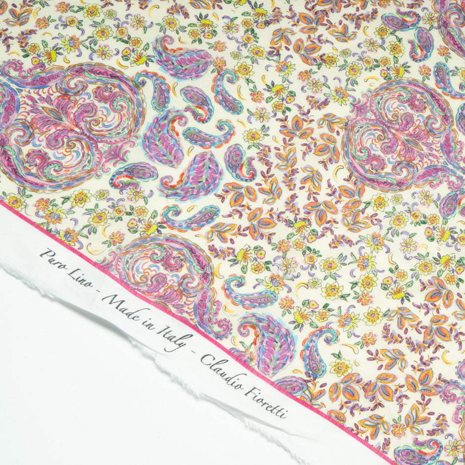 Yellow & Pink Floral & Paisley Printed Pure Linen