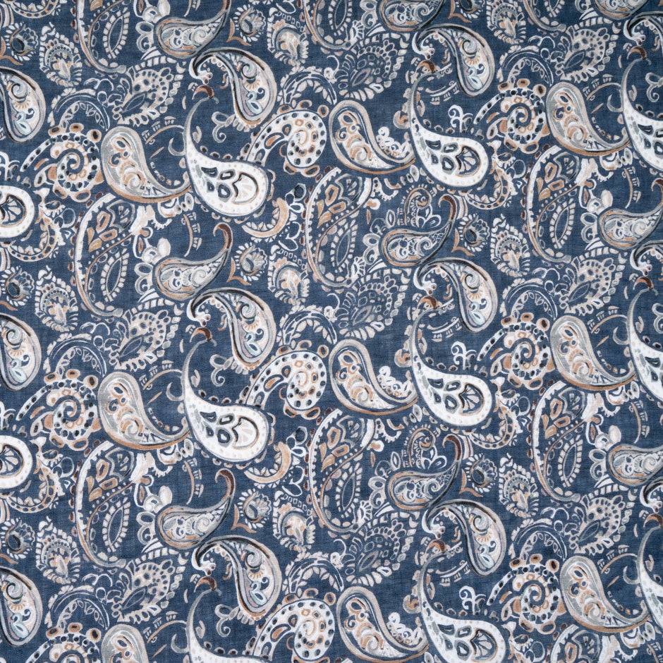 Beige Paisley Printed Ink Blue Pure Linen