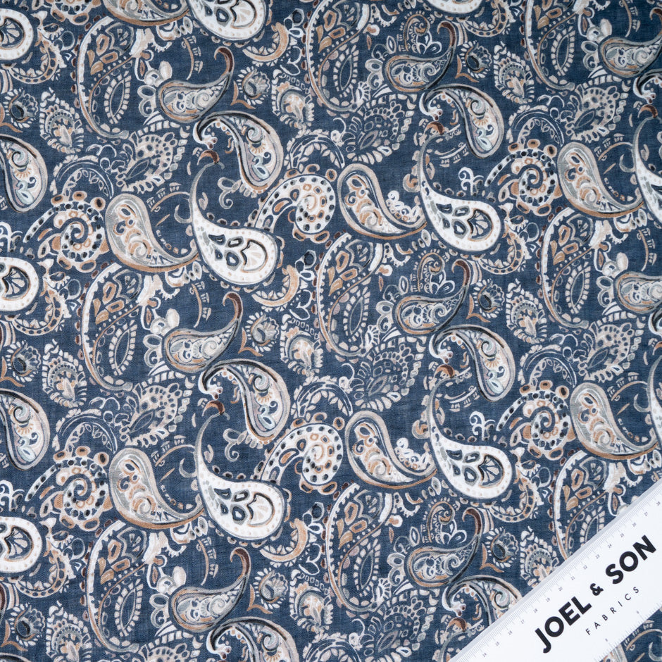 Beige Paisley Printed Ink Blue Pure Linen