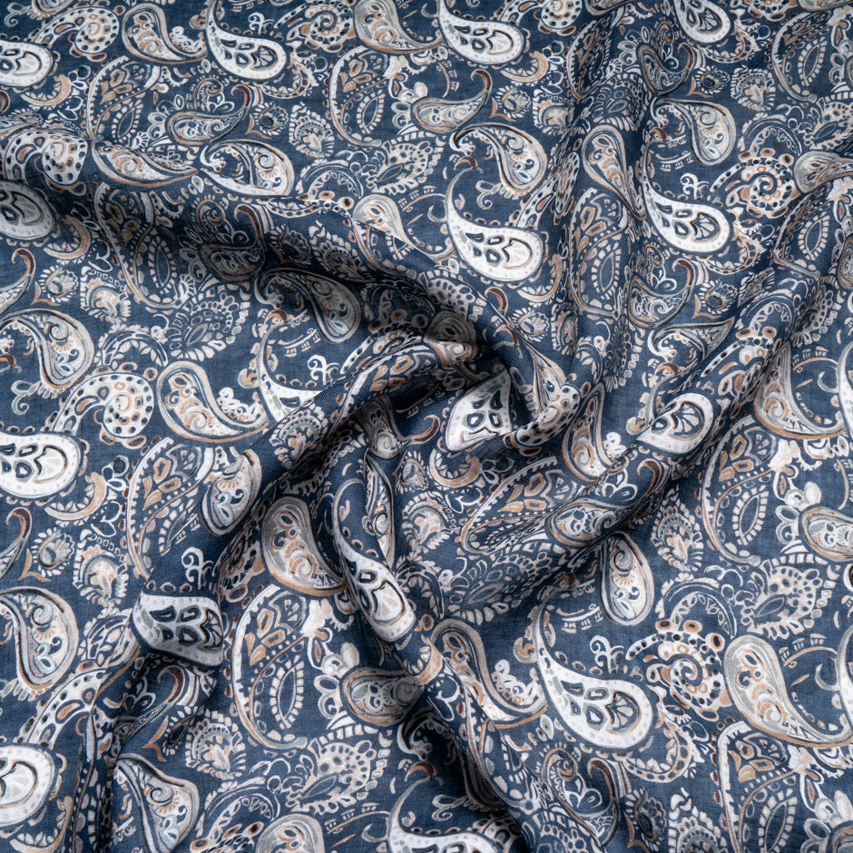 Beige Paisley Printed Ink Blue Pure Linen