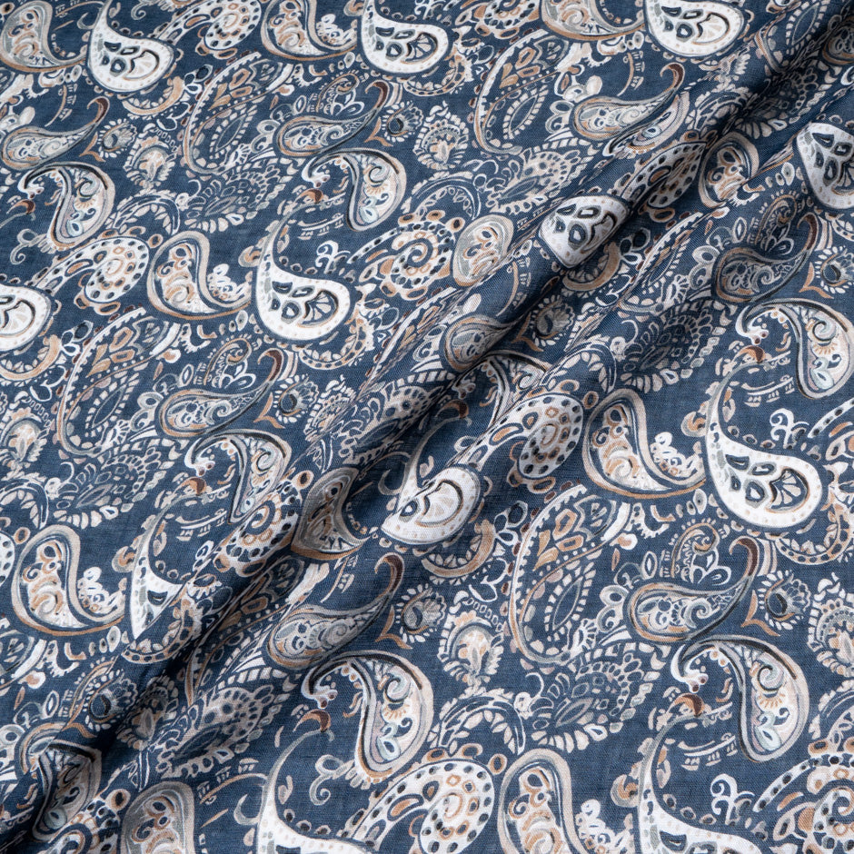 Beige Paisley Printed Ink Blue Pure Linen