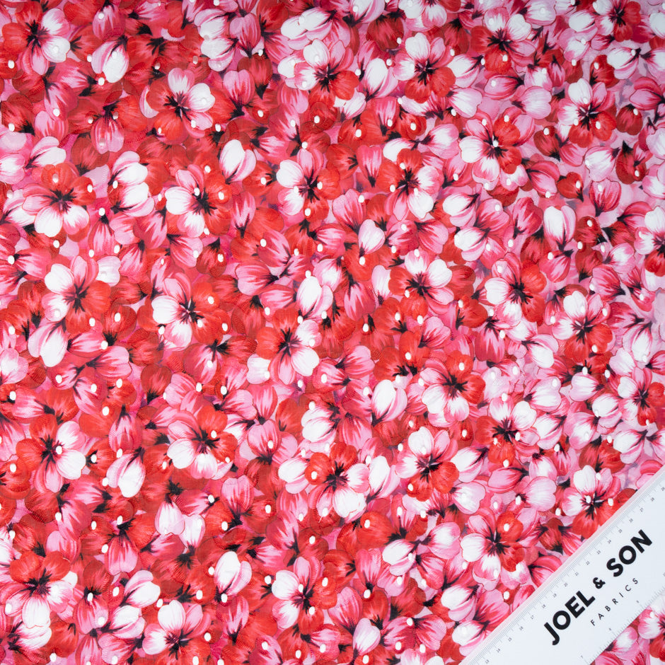 Cherry Red Floral Printed Embroidered Cotton