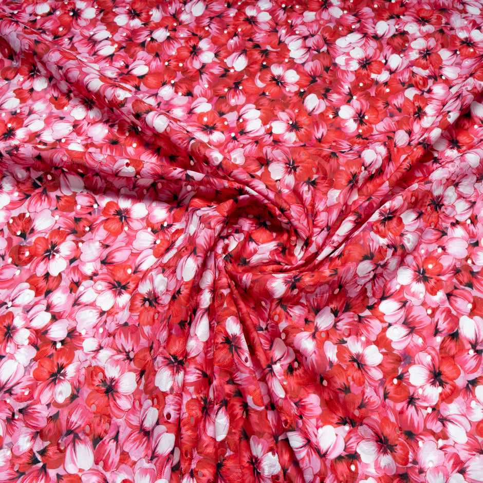 Cherry Red Floral Printed Embroidered Cotton