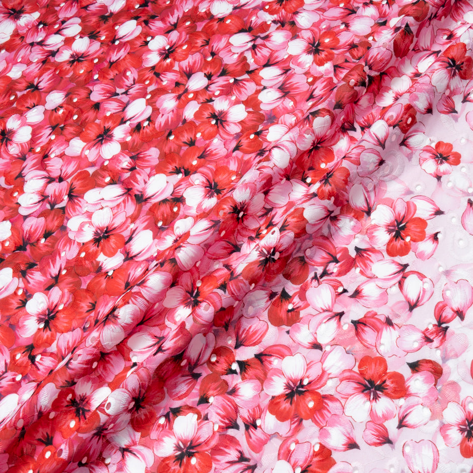 Cherry Red Floral Printed Embroidered Cotton