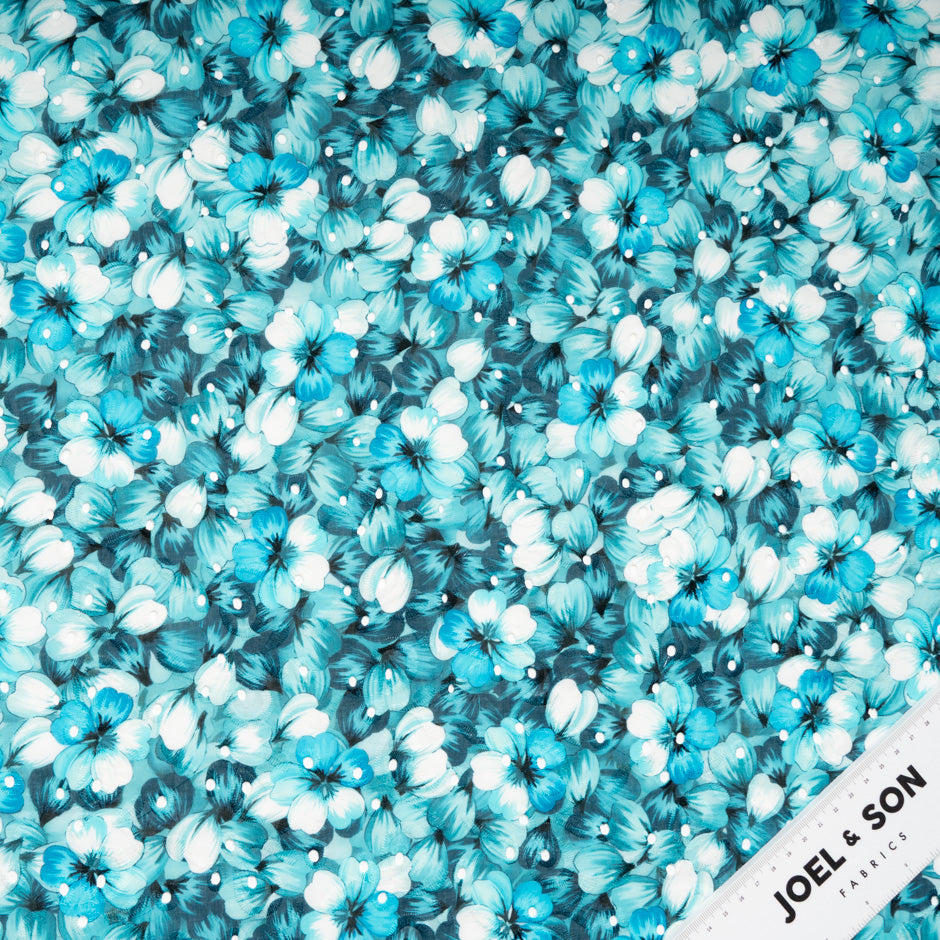 Teal Blue Floral Printed Embroidered Cotton