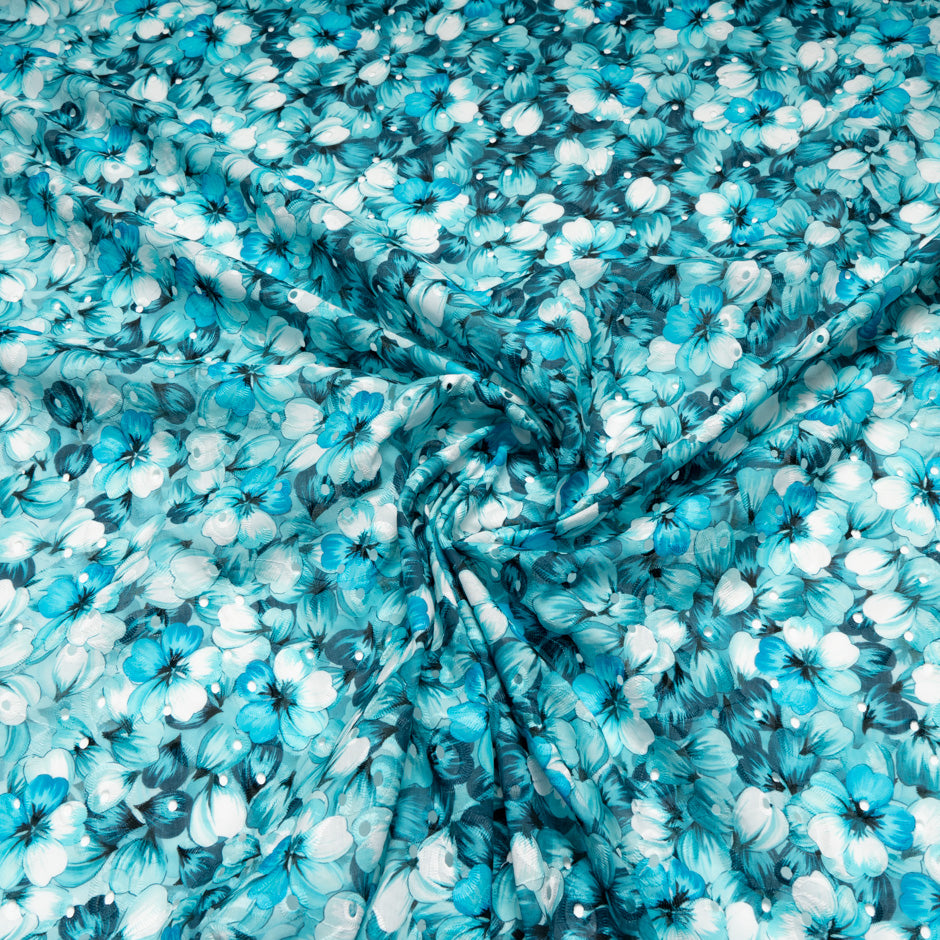 Teal Blue Floral Printed Embroidered Cotton