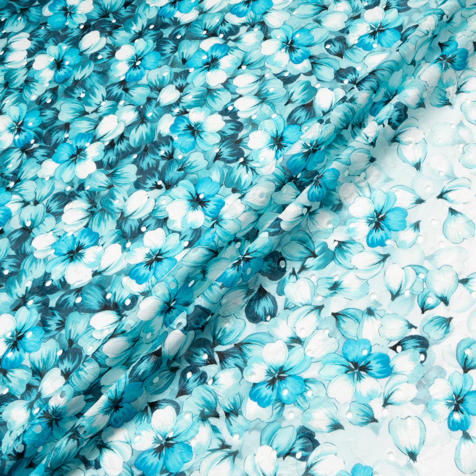 Teal Blue Floral Printed Embroidered Cotton