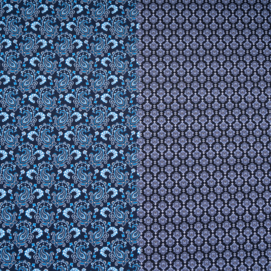 Dark Blue Paisley & Geo Double Printed Cotton