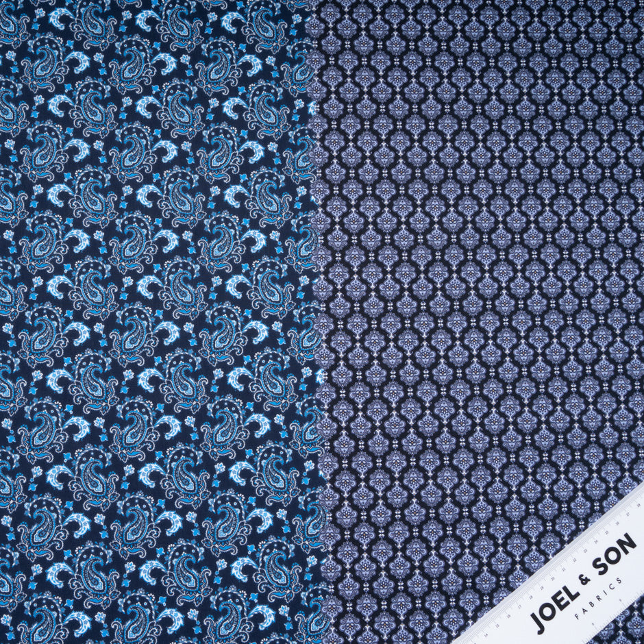 Dark Blue Paisley & Geo Double Printed Cotton